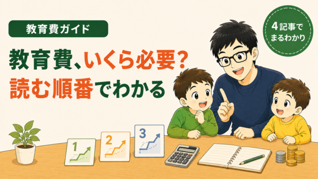 教育費ガイド｜教育費、いくら必要？読む順番でわかる。4記事でまるわかり。1・2・3と番号のついた3枚のカードが階段状に並び、電卓・開いたノート・コインの山を前にした父親と子ども2人のイラスト