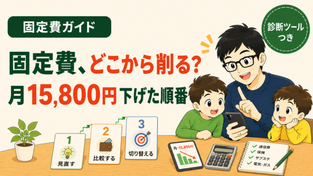 固定費ガイド｜固定費、どこから削る？月15,800円下げた順番。診断ツールつき。「1 見直す」「2 比較する」「3 切り替える」と書かれた3枚のカードが階段状に並び、通信費・保険・サブスク・電気ガスのチェックリストと電卓を前にした父親と子ども2人のイラスト