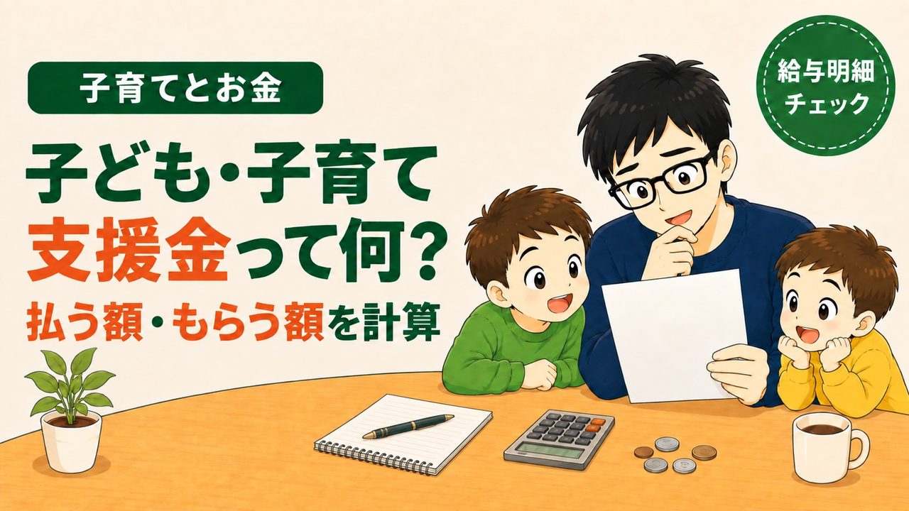 子育てとお金｜子ども・子育て支援金って何？払う額・もらう額を計算。給与明細チェック。父親が白紙の明細書を手に持って考え、子ども2人がのぞき込んでいるイラスト。手前にノート・電卓・コイン