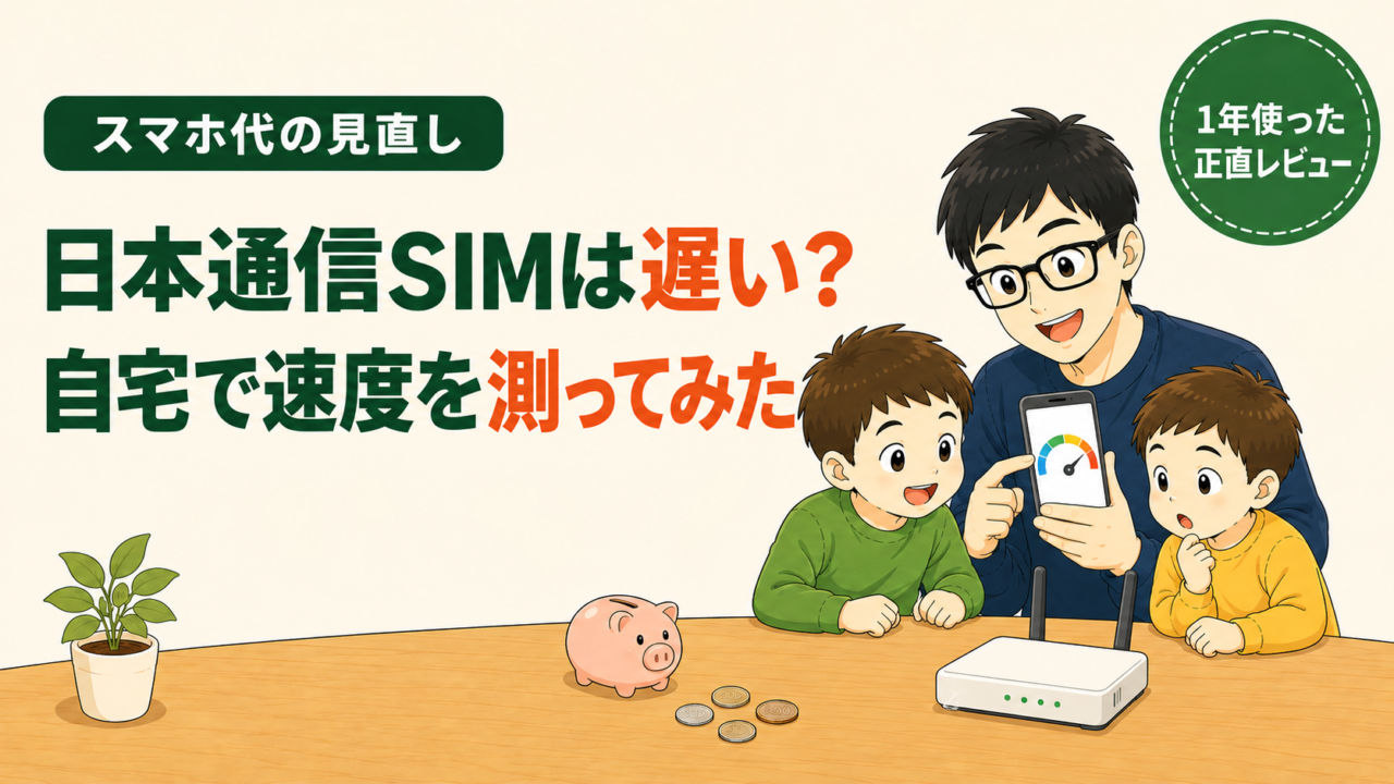 スマホ代の見直し｜日本通信SIMは遅い？自宅で速度を測ってみた。1年使った正直レビュー。スマホの速度メーターとWi-Fiルーターのイラスト