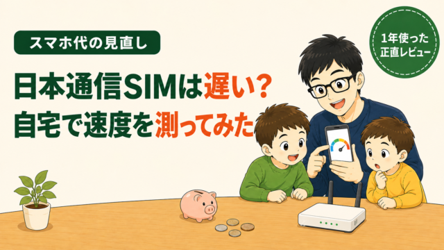 スマホ代の見直し｜日本通信SIMは遅い？自宅で速度を測ってみた。1年使った正直レビュー。スマホの速度メーターとWi-Fiルーターのイラスト