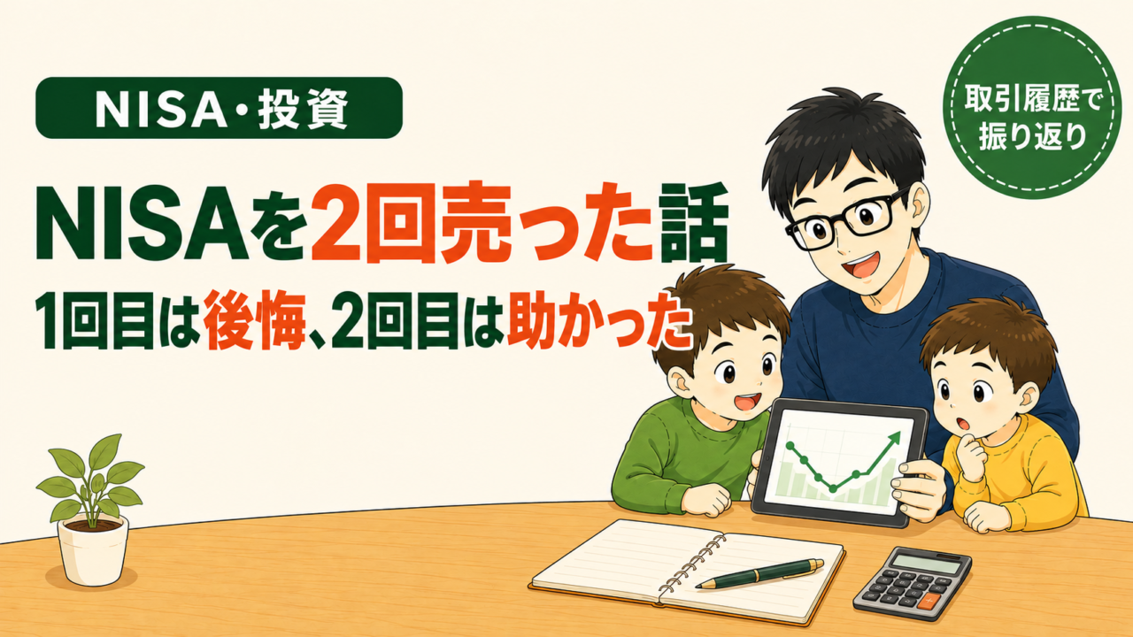 NISA・投資｜NISAを2回売った話。1回目は後悔、2回目は助かった。取引履歴で振り返り。メガネの父親が、下がってから上がる折れ線グラフのタブレットを子ども2人に見せているイラスト。テーブルにノートとペン、電卓
